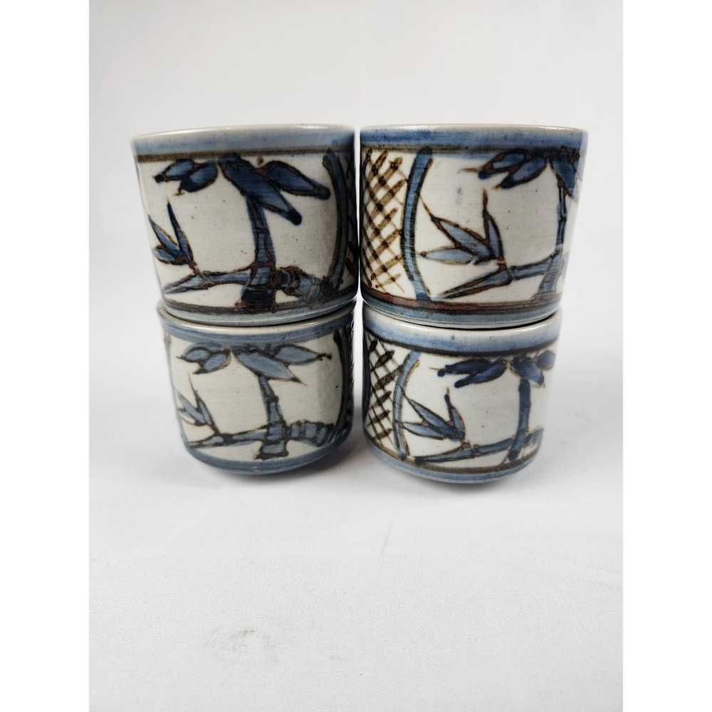 Vintage Japanese Style Stoneware Sake Cups Set of 4 Blue Bamboo Ceramic Tea Cups